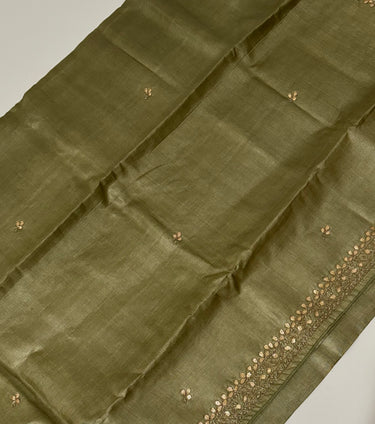 Lightweight Gotta Patti Embroidery Pure Tussar Silk Saree | Sage Green | Hand Embroidery | Ships from California